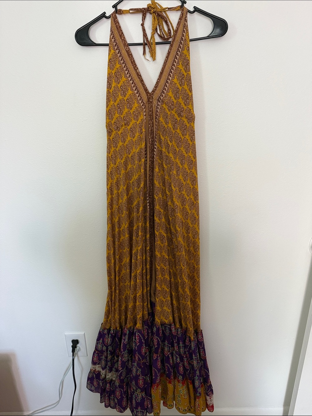 Siddhartha Golden Yellow Silk Boho Maxi Dress OSFA Open Back Halter Tie